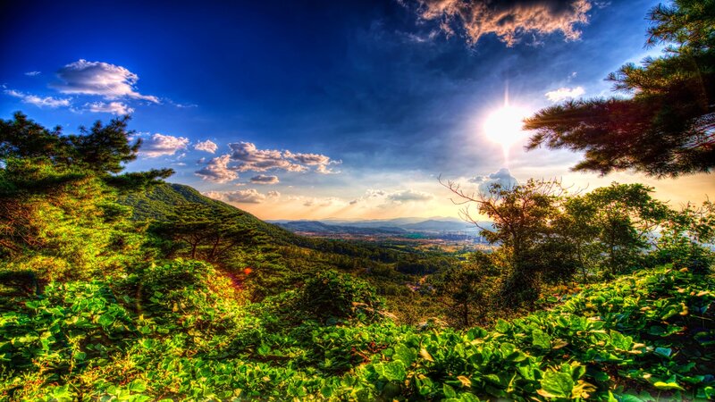 Sunrise over Green Hills — Dramatic, Photograph, Trees