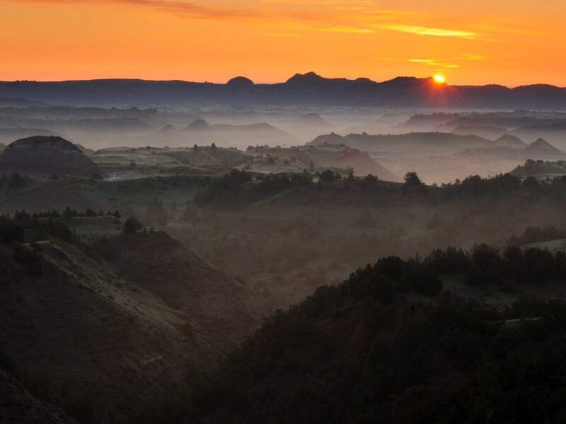 Sunrise over Hills — Orange, Serene, Photograph, Mountains, Fog