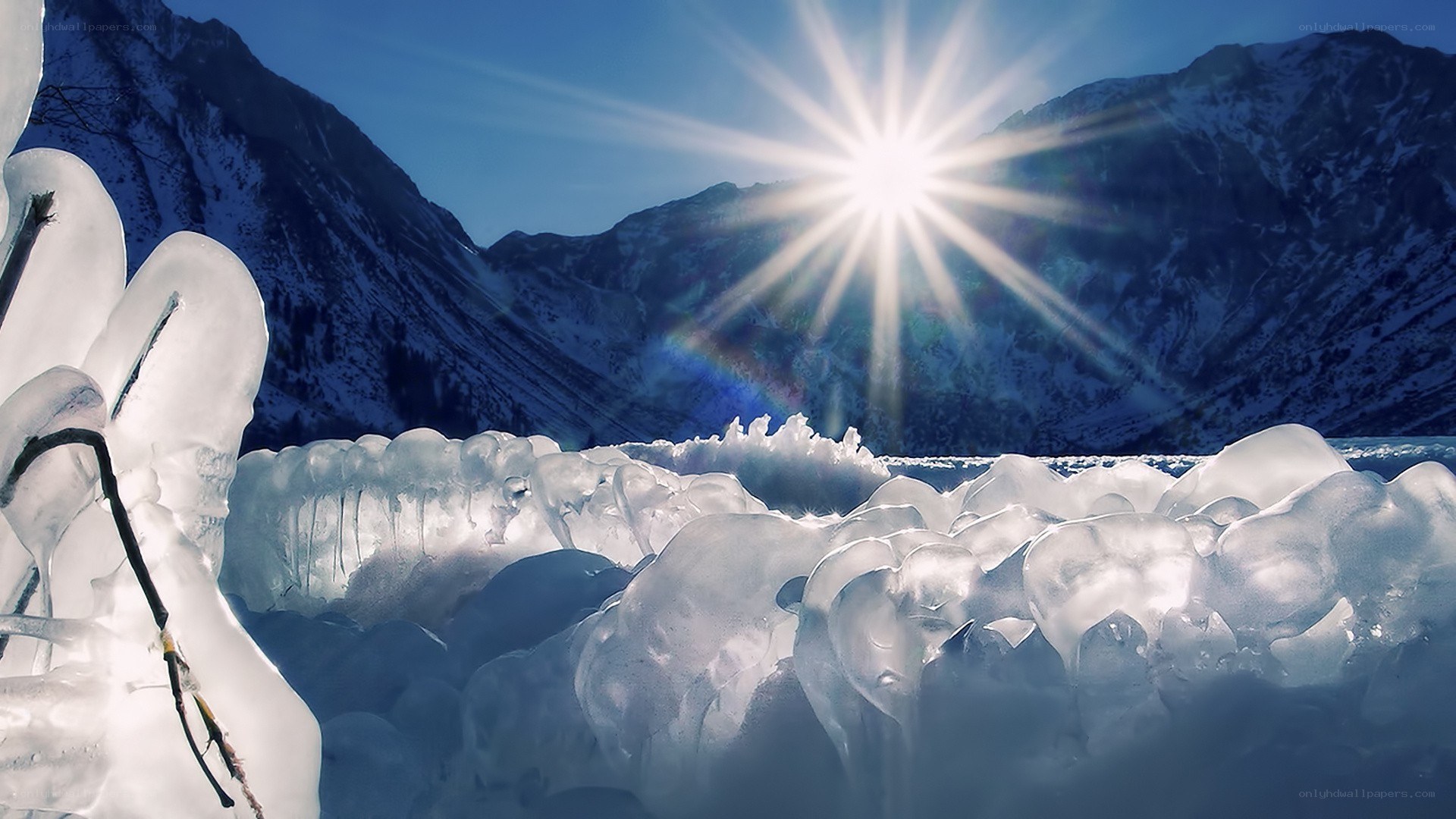Sunrise over icy mountains