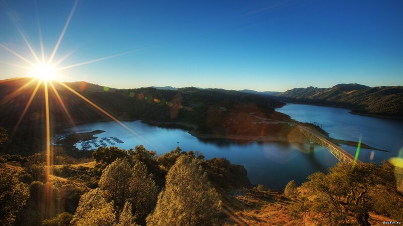 Sunrise over Lake and Bridge — Blue, Serene, Photograph