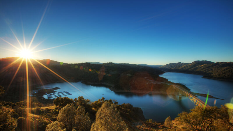 Sunrise over Lake and Bridge — Blue