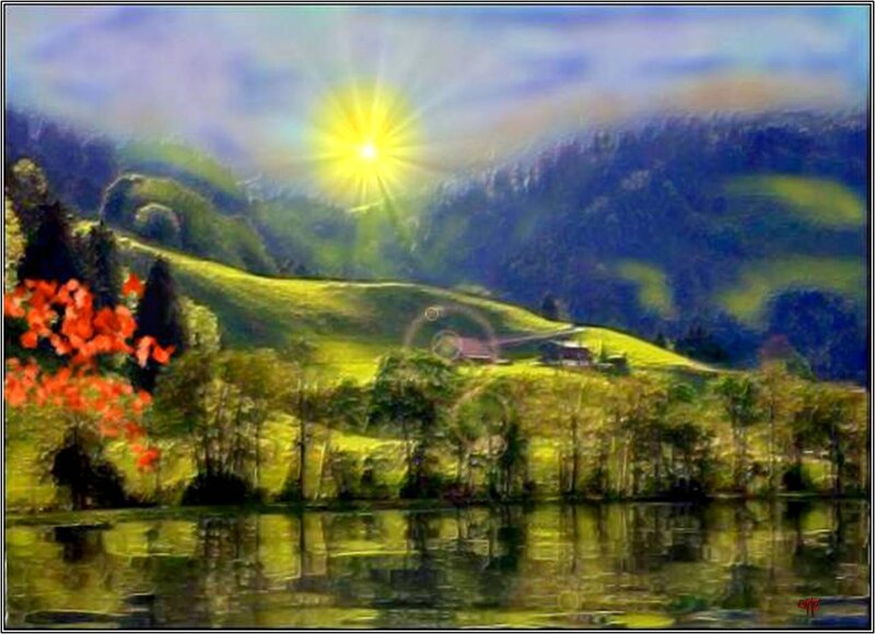 Sunrise over Lake and Hills
