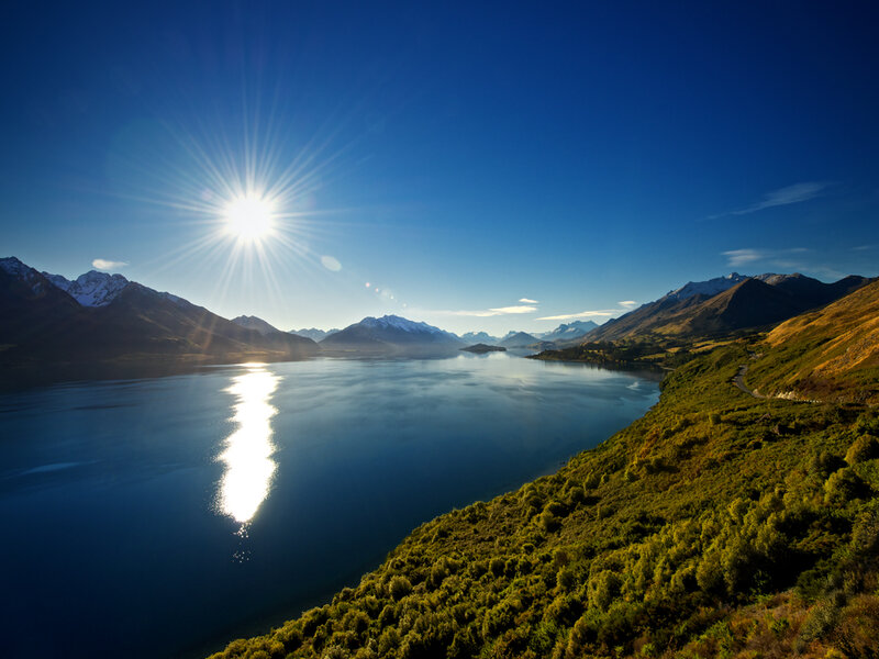 Sunrise over Lake and Mountains — Blue, Serene