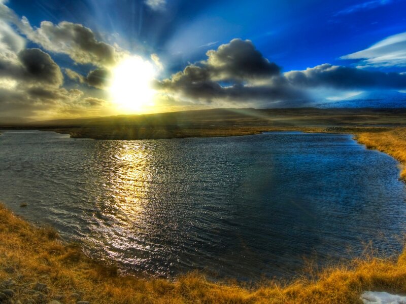 Sunrise over Lake — Blue, Dramatic, Photograph, Clouds, Water