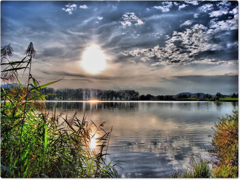Sunrise over Lake — Blue, Dramatic, Photograph, Reeds
