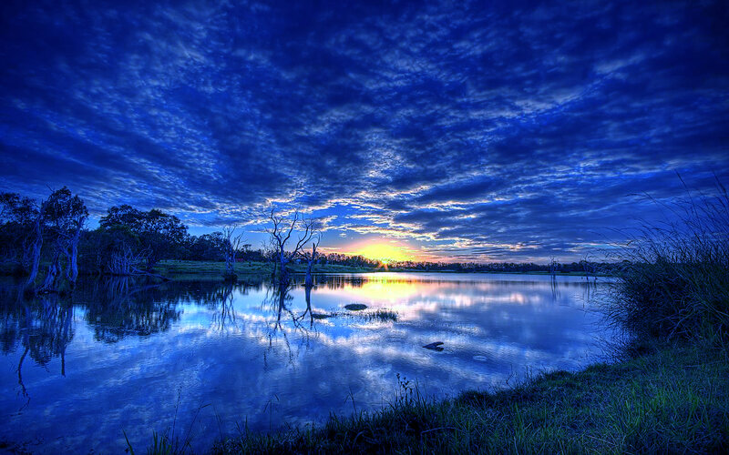 Sunrise over Lake — Blue, Dramatic, Photograph, Trees, Clouds