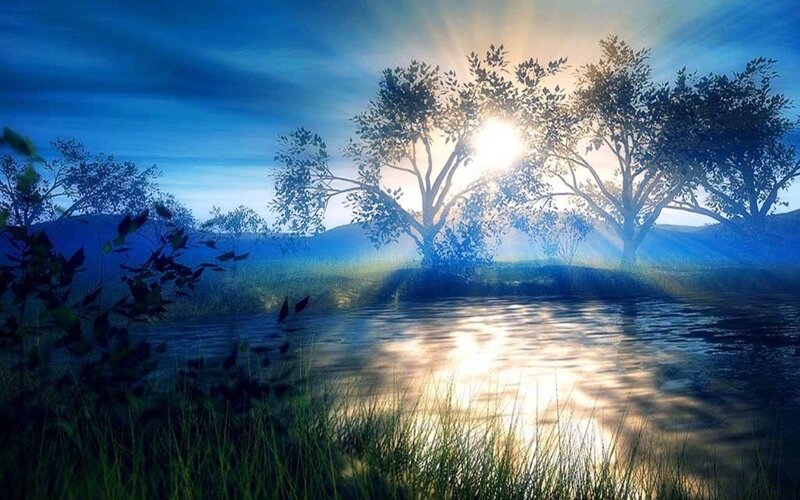 Sunrise over Lake — Blue, Serene, Digital Art, Trees, River