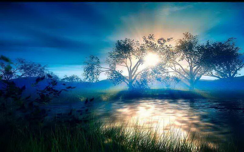 Sunrise over Lake — Blue, Serene, Digital Art, Trees, Sky