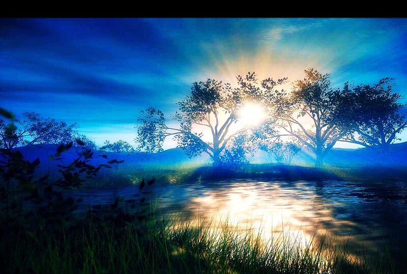Sunrise over Lake — Blue, Serene, Digital Art, Trees
