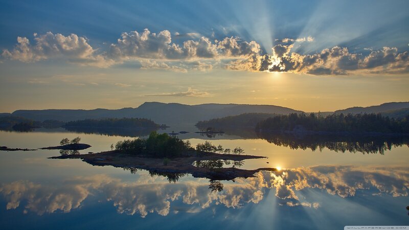 Sunrise over Lake — Blue, Serene, Photograph, Clouds, Mountains, Islands