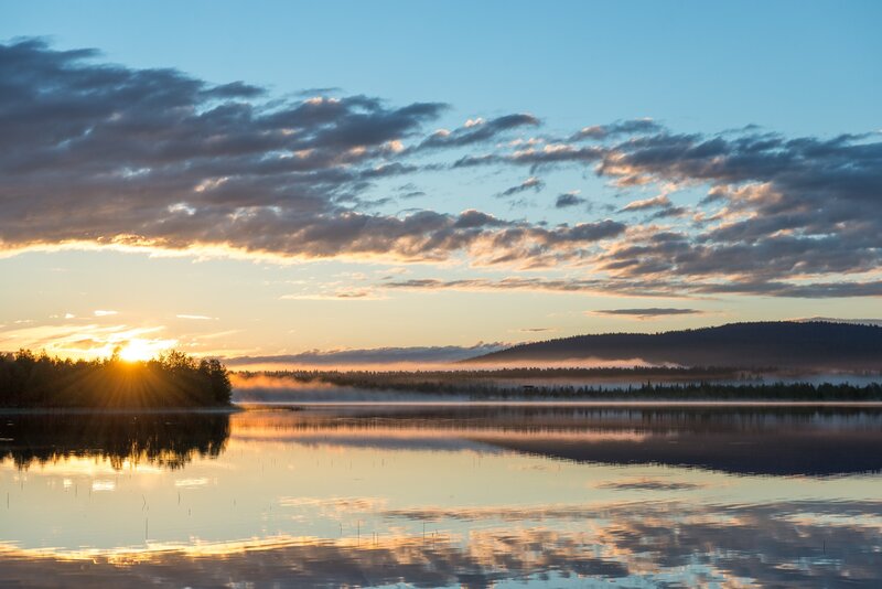 Sunrise over Lake — Blue, Serene, Photograph, Clouds, Trees, Mist