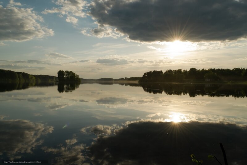 Sunrise over Lake — Blue, Serene, Photograph, Clouds, Trees, Reflection