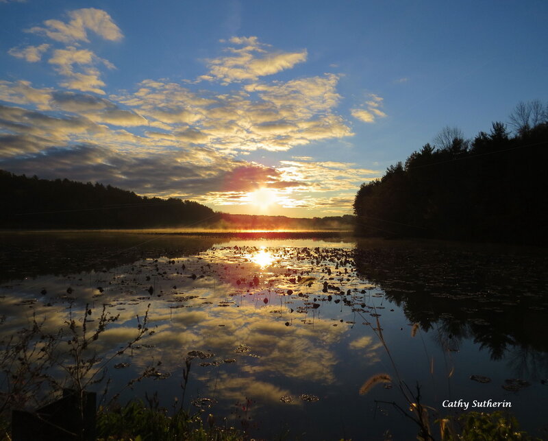 Sunrise over Lake — Blue, Serene, Photograph, Clouds, Trees