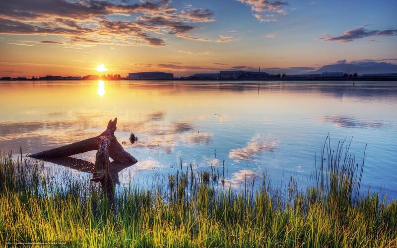 Sunrise over Lake — Blue, Serene, Photograph, Log