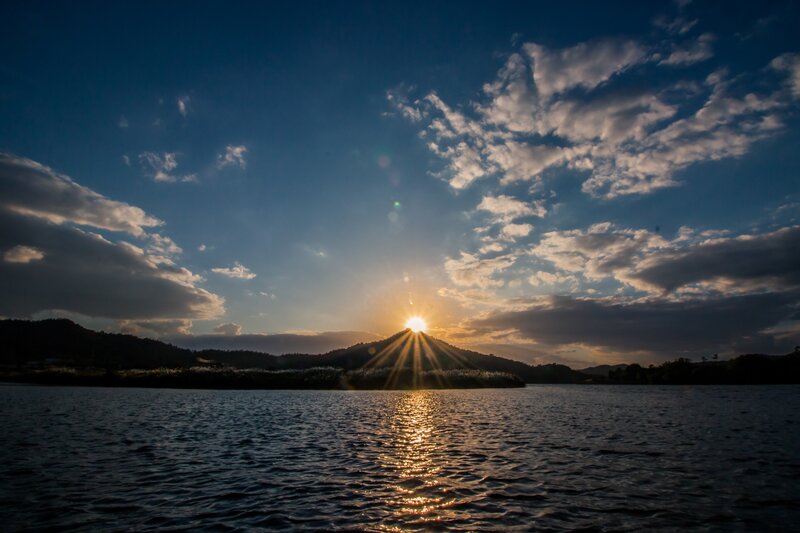 Sunrise over Lake — Blue, Serene, Photograph, Mountain, Clouds