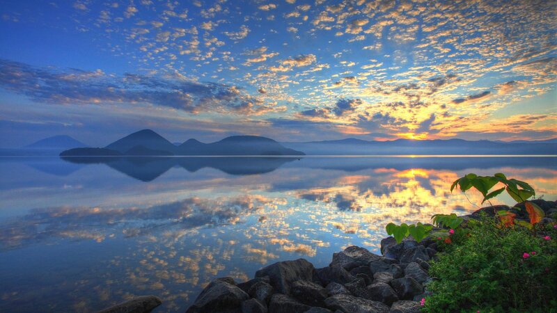 Sunrise over Lake — Blue, Serene, Photograph, Mountains, Clouds