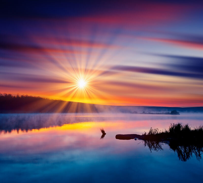 Sunrise over Lake — Blue, Serene, Photograph, Sun