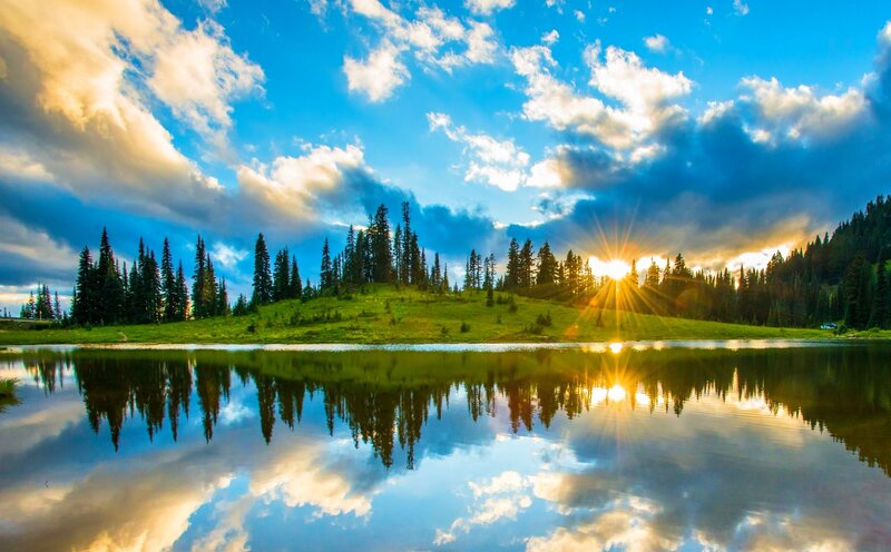 Sunrise over Lake — Blue, Serene, Photograph, Trees, Clouds, Reflection