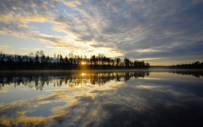 Sunrise over Lake — Blue, Serene, Photograph, Trees, Clouds