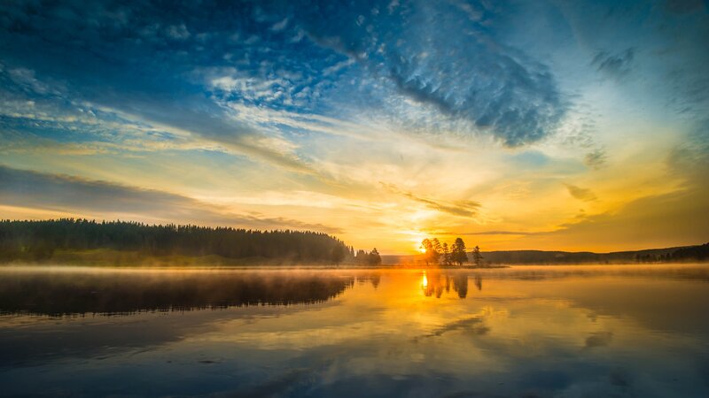 Sunrise over Lake — Blue, Serene, Photograph, Trees, Fog, Sky