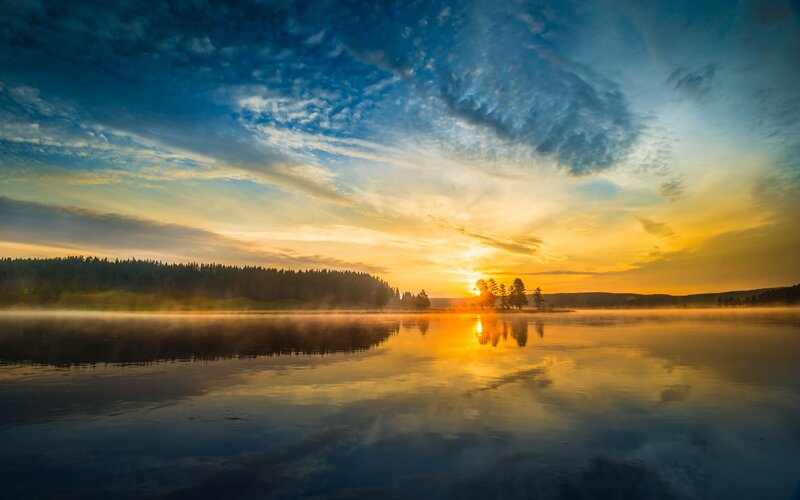 Sunrise over Lake — Blue, Serene, Photograph, Trees, Fog