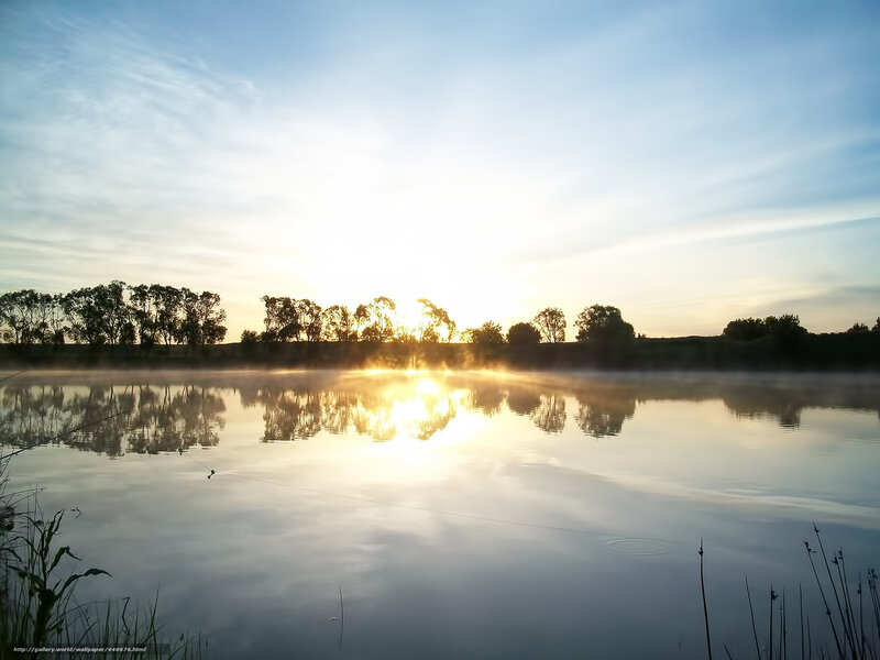Sunrise over Lake — Blue, Serene, Photograph, Trees, Mist, Reflection