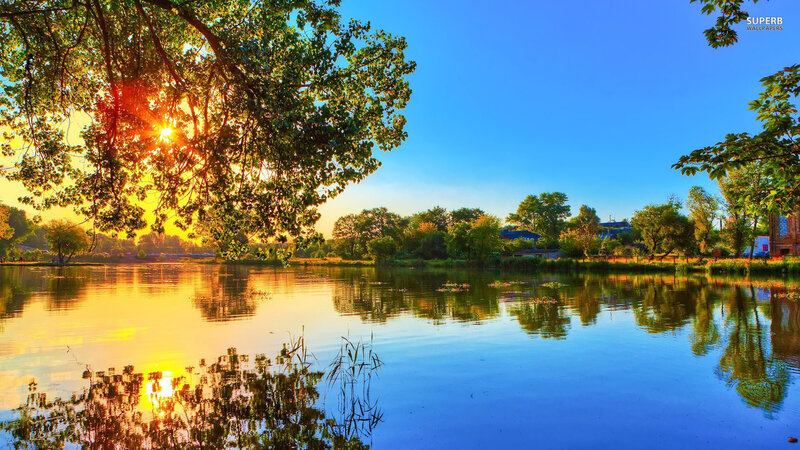 Sunrise over Lake — Blue, Serene, Photograph, Trees, Reflection