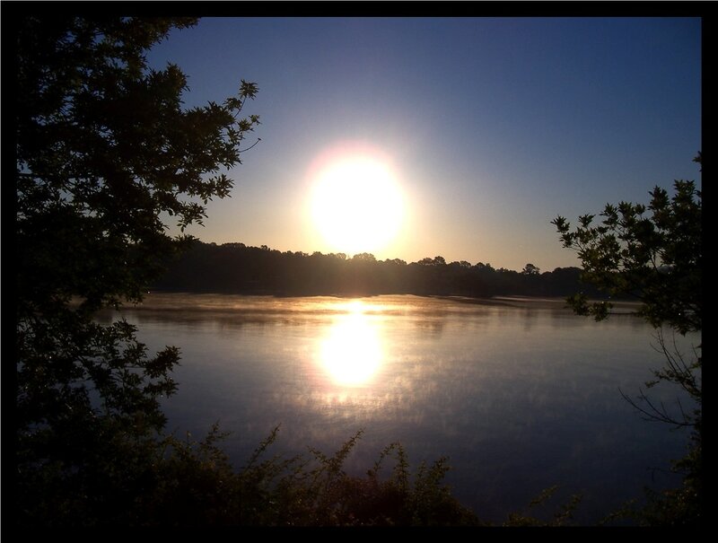 Sunrise over Lake — Blue, Serene, Photograph, Trees, Sky