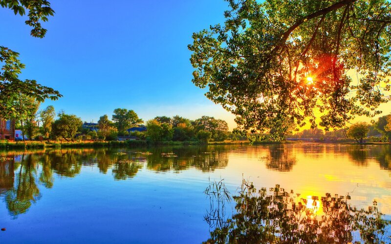 Sunrise over Lake — Blue, Serene, Photograph, Trees