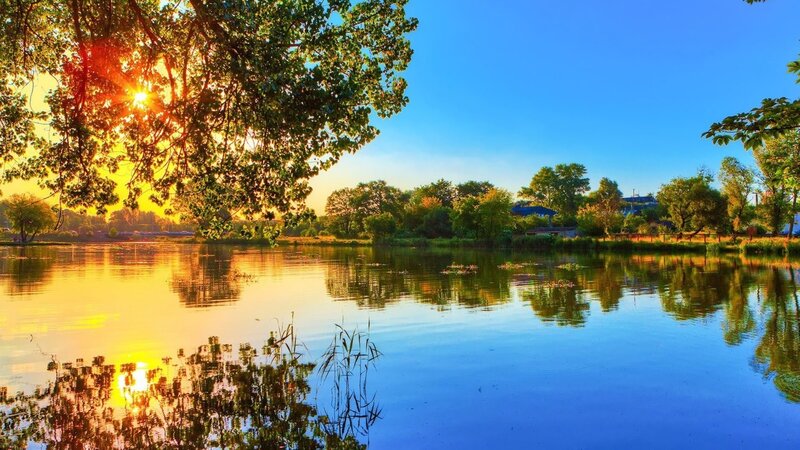 Sunrise over Lake — Blue, Serene, Sunset, Photograph, Trees, Reflection