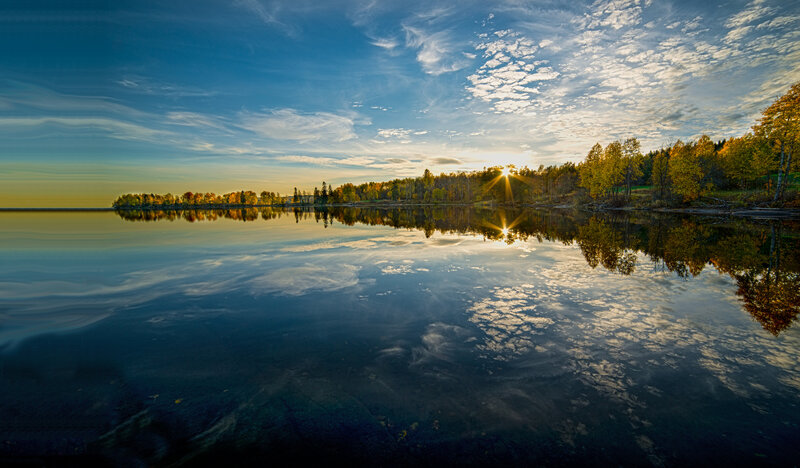 Sunrise over Lake — Blue, Serene, Sunset, Photograph, Trees