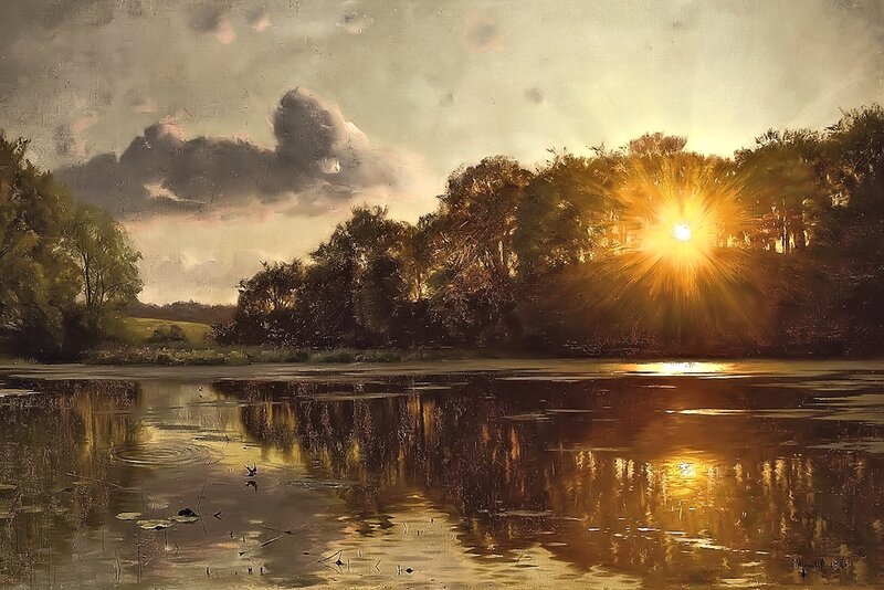 Sunrise over Lake — Gold, Serene, Painting
