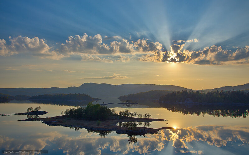 Sunrise over Lake Islands — Blue, Serene, Photograph, Mountains
