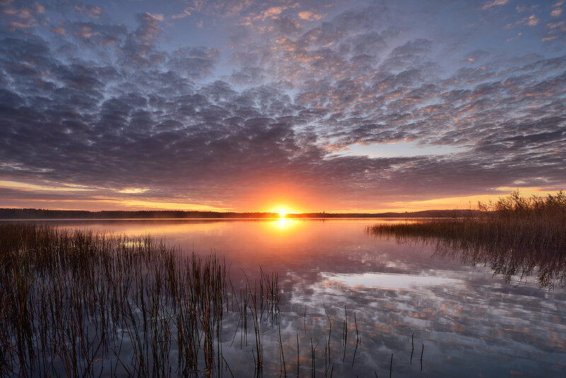 Sunrise over Lake — Orange, Serene, Photograph, Clouds