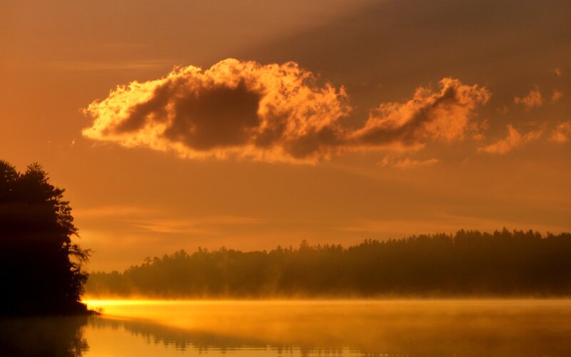 Sunrise over Lake — Orange, Serene, Photograph, Clouds, Trees