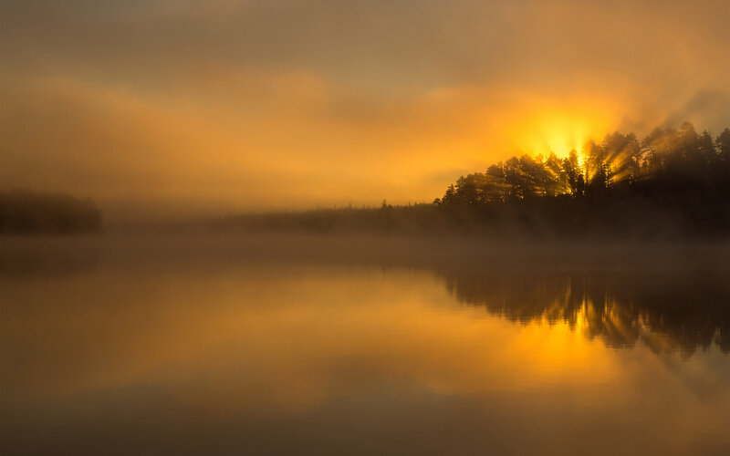 Sunrise over Lake — Orange, Serene, Photograph, Fog