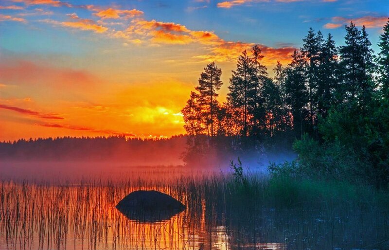 Sunrise over Lake — Orange, Serene, Photograph, Trees, Mist, Rock
