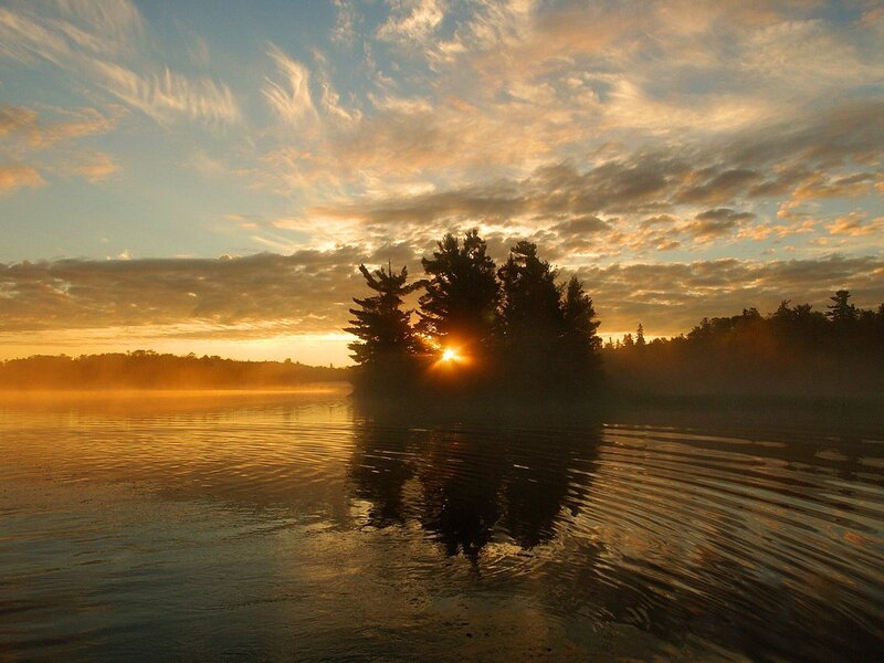 Sunrise over Lake — Orange, Serene, Photograph, Trees, Mist