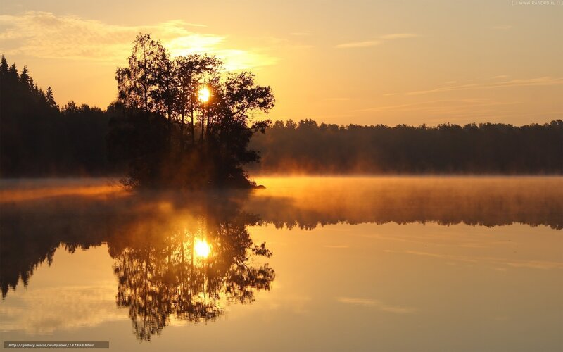 Sunrise over Lake — Orange, Serene, Photograph, Trees