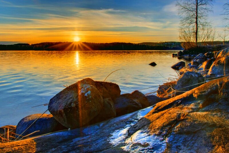 Sunrise over Lake — Orange, Serene, Sunset