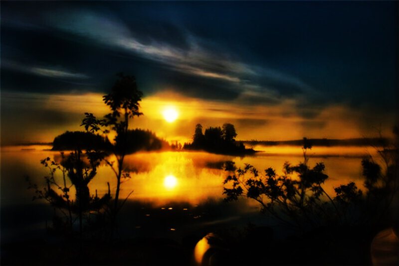 Sunrise over Lake — Yellow, Dramatic, Photograph
