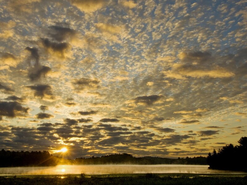 Sunrise over Lake — Yellow, Serene, Photograph, Clouds, Trees