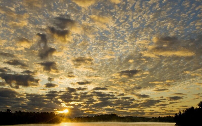 Sunrise over Lake — Yellow, Serene, Photograph, Clouds, Trees, Water, Blue