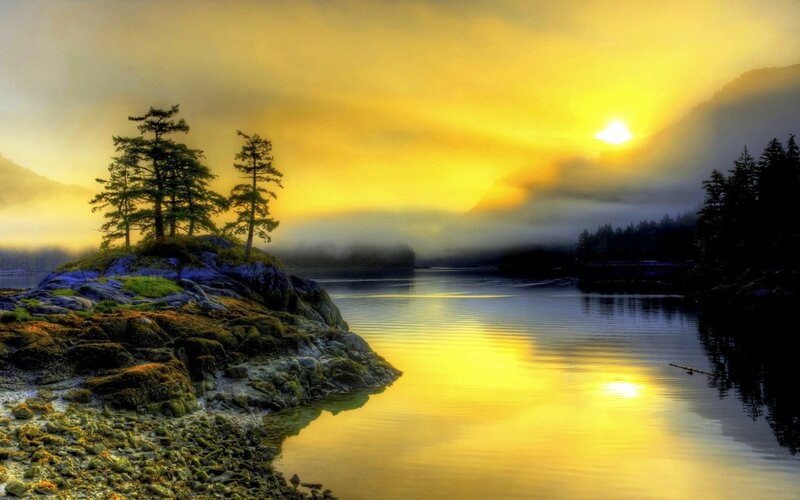 Sunrise over Lake — Yellow, Serene, Photograph, Trees