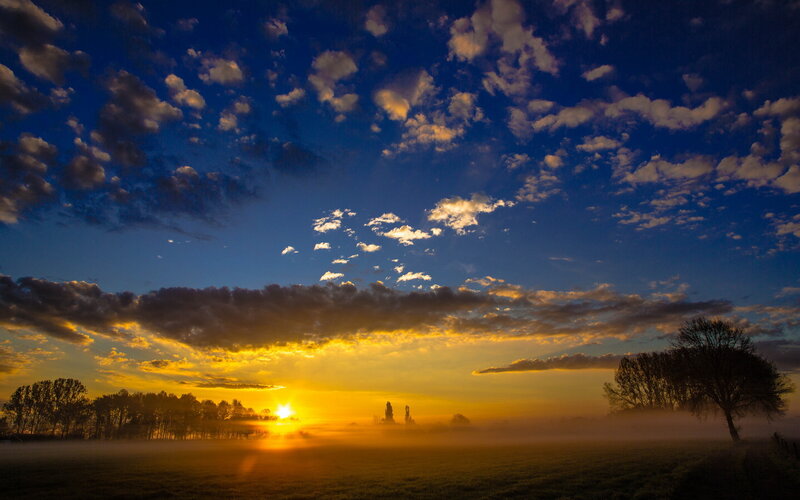 Sunrise over Misty Field — Blue, Serene