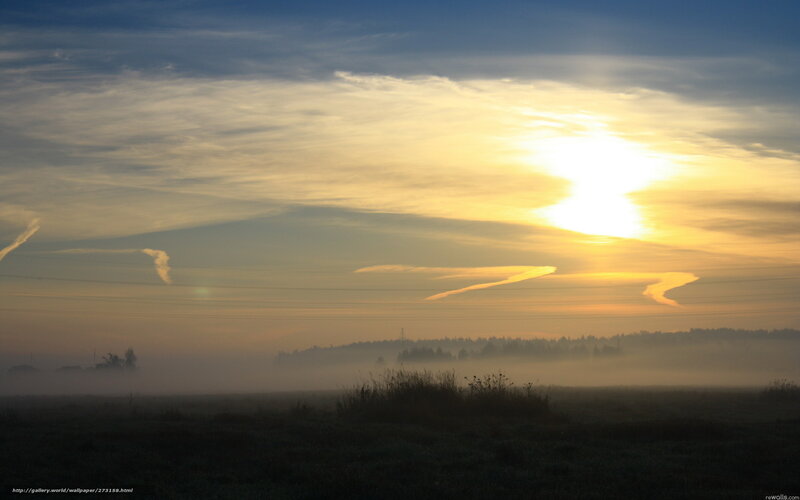 Sunrise over Misty Field — Yellow, Serene, Photograph, Clouds