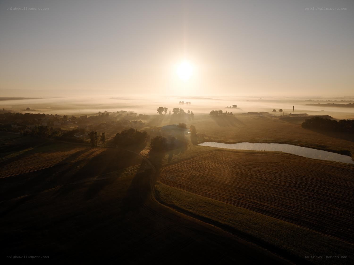 Sunrise over misty fields