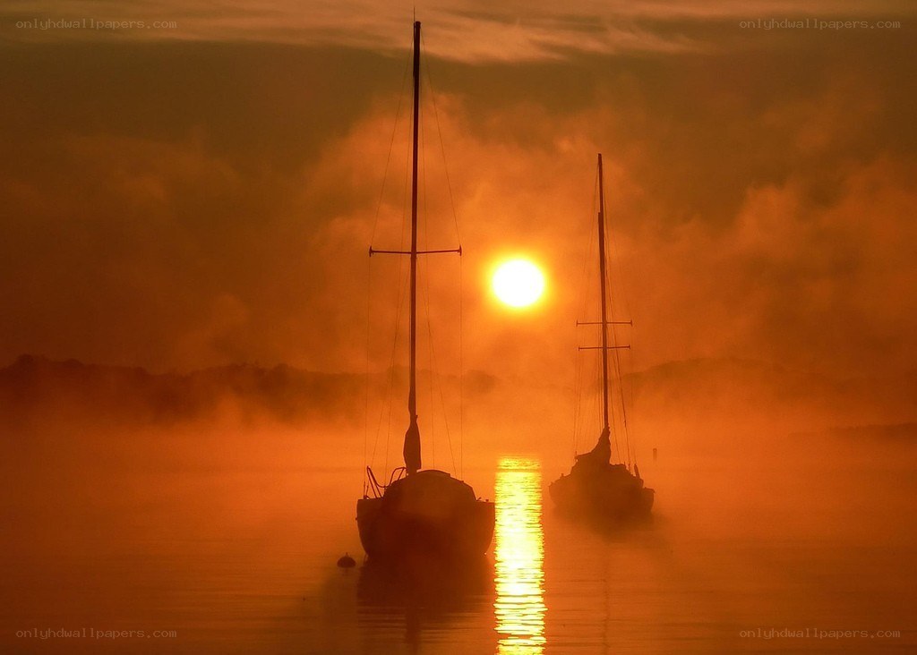 Sunrise over misty harbor