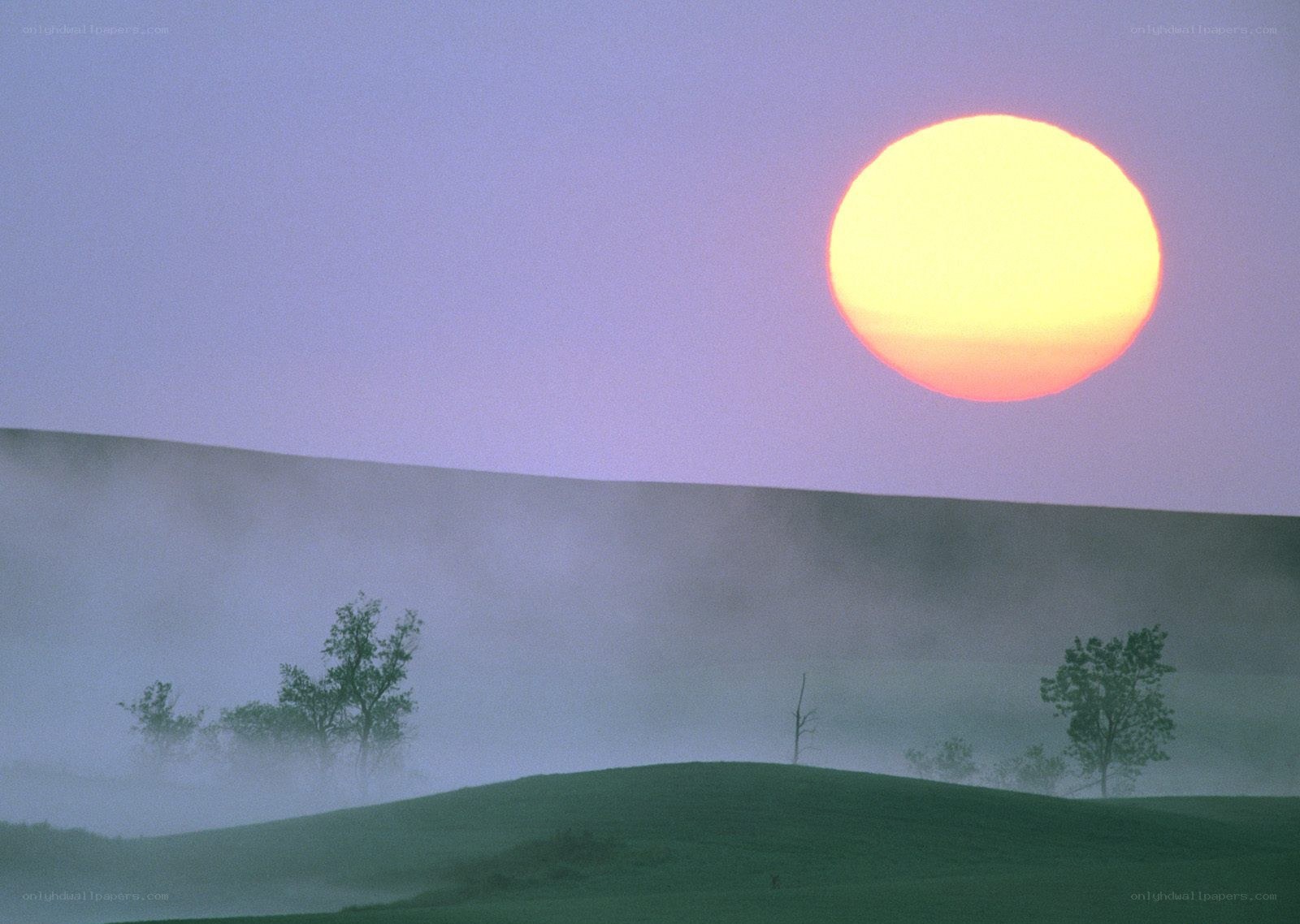 Sunrise over misty hills