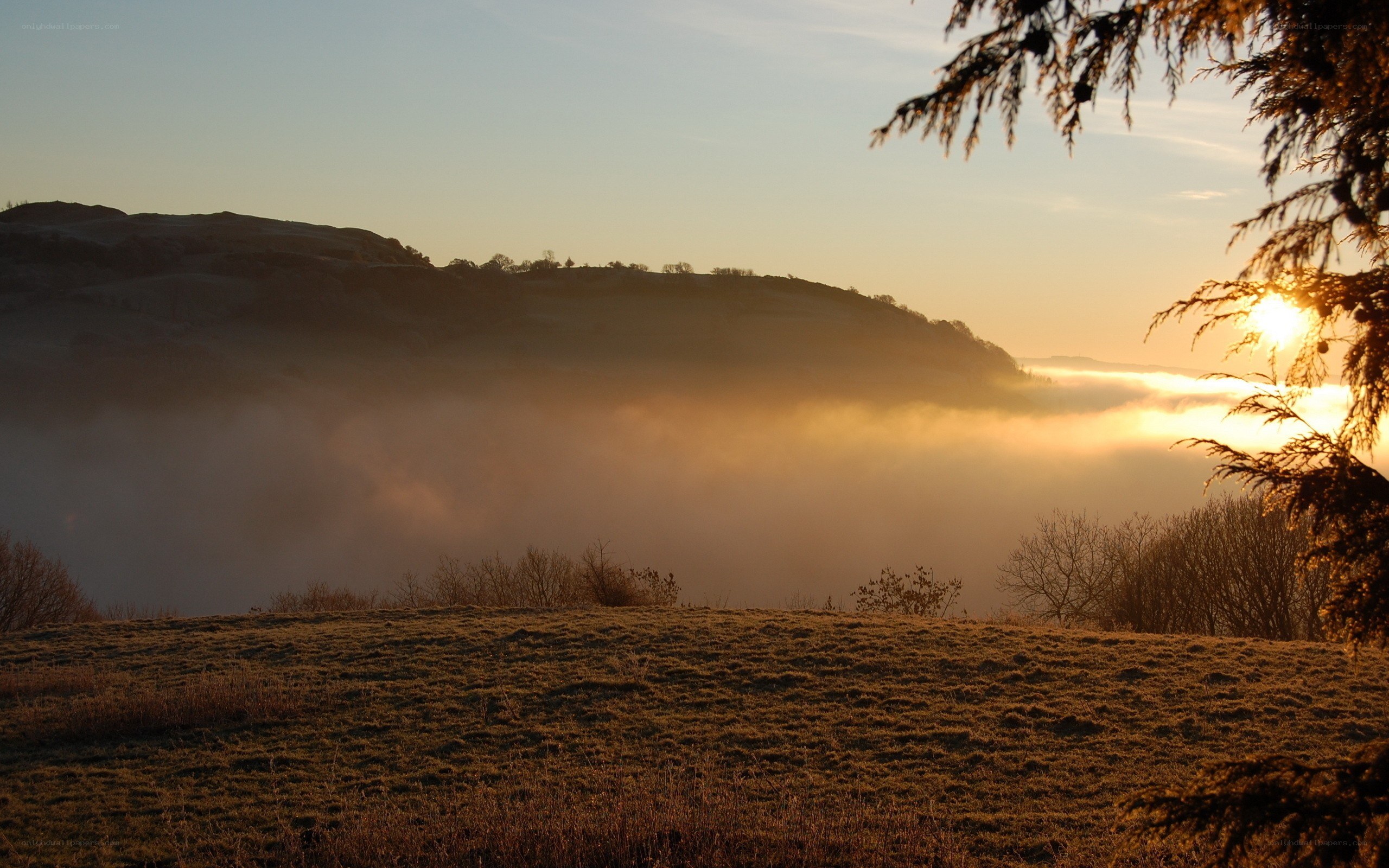 Sunrise over misty hills